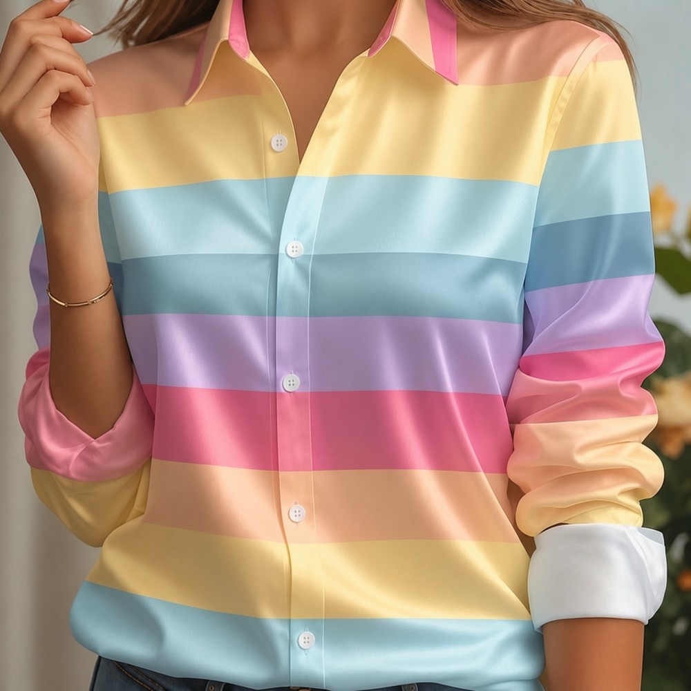Women'S Fashion Day - Women Satin Lapel Collar Shirt Pastel