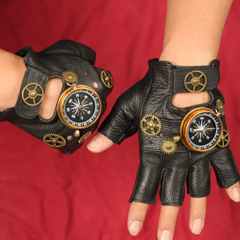 Women Fashion Gloves - Steampunk PU Leather Fingerless Compass Gloves