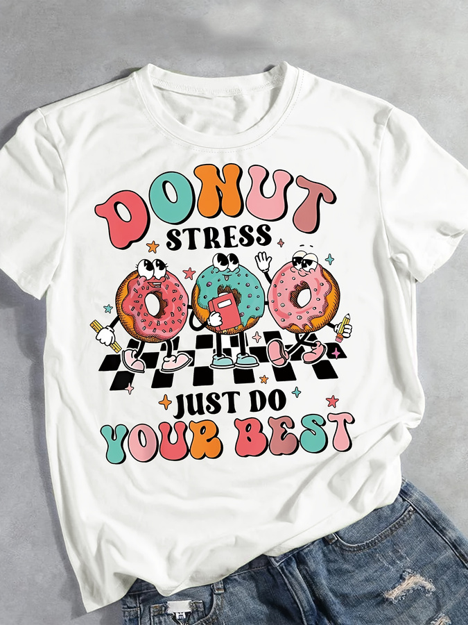Cartoon Donut Print T-shirt, S - Women'S Fashion Trends Summer 2025 评论和价格